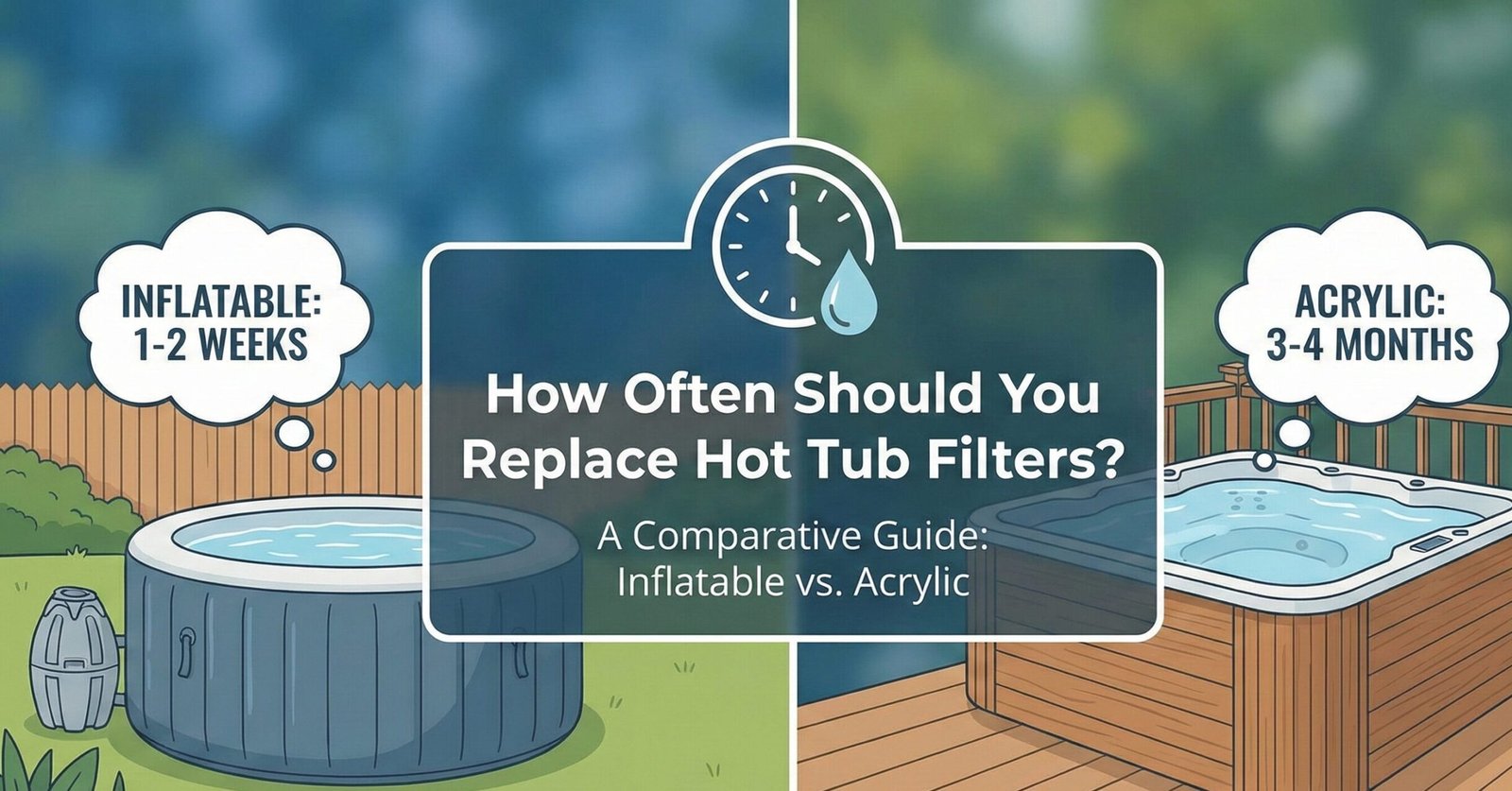 Side by side comparison of a dirty brown hot tub filter and a clean white one