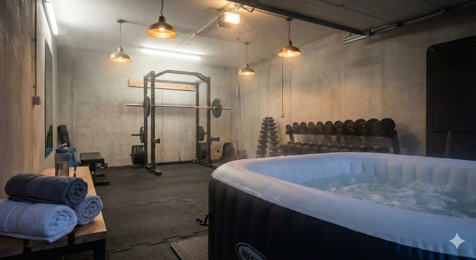 Garage setup with gym equipment and hot-tub