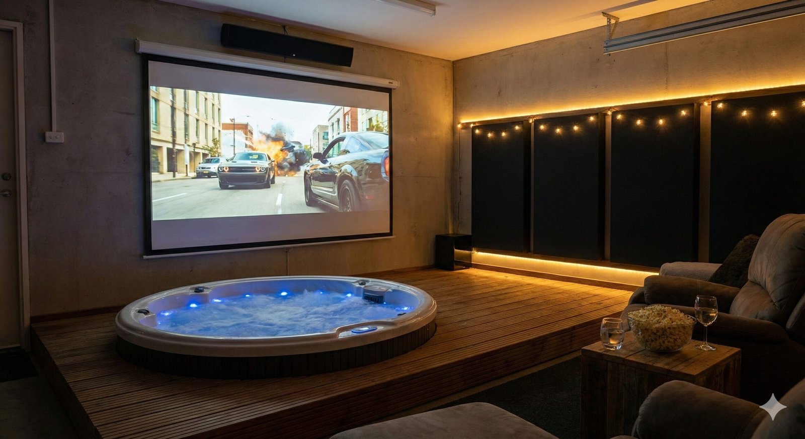 Home cinema setup with projector screen
